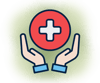 Graphic of human hands holding up a red medical symbol