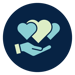 A simple icon illustration of a person's hand, the hand is outstretched underneath three simple floating hearts, depicting that the hand is lifting up the hearts