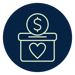 Simple icon graphic of a donation box with a heart on the front of the box, and a coin falling through the donation slot/opening at the top